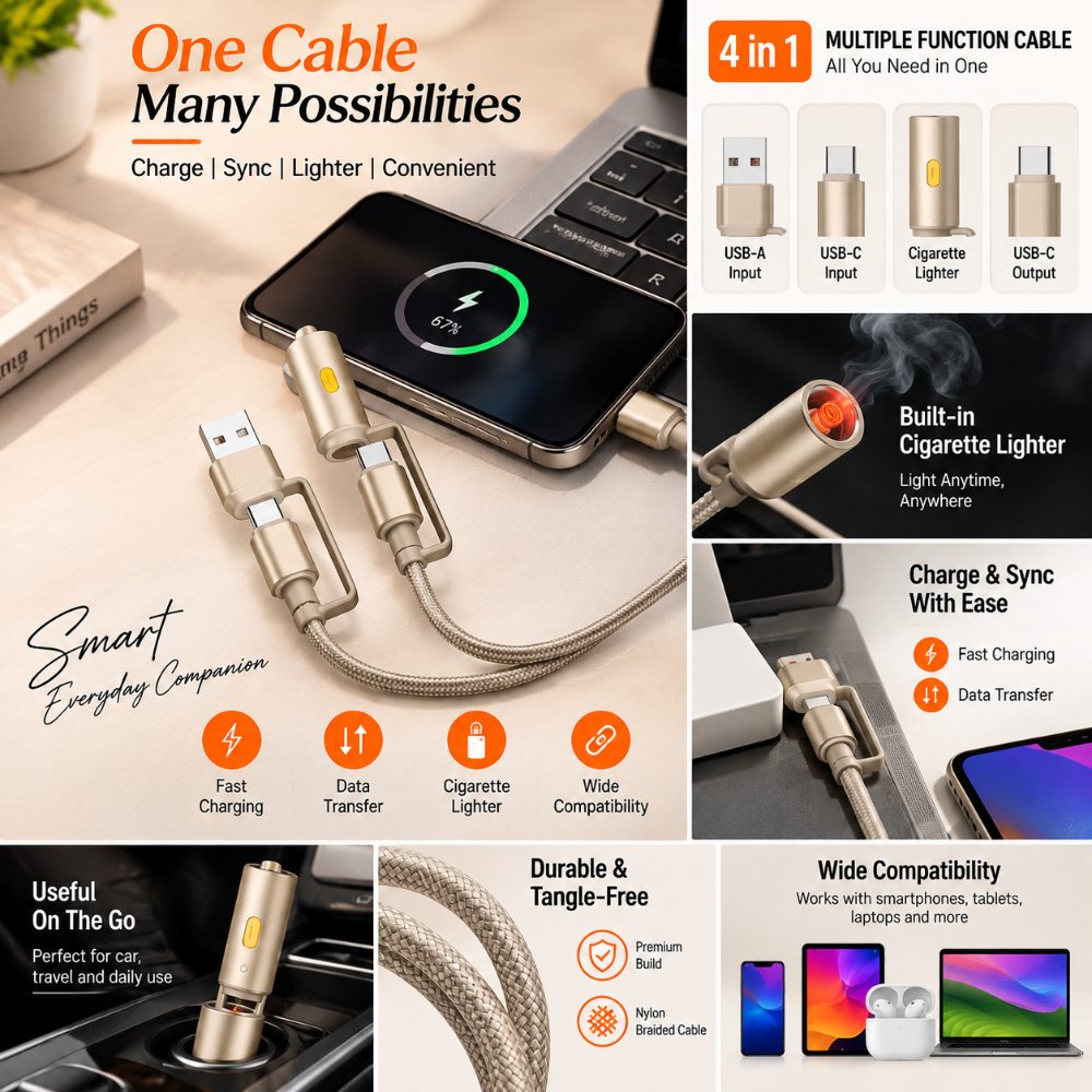 4 in 1 Fast Charging Data Cable with USB A USB C Lightning and Cigarette Lighter 1.2 Meter Braided Cable — photo 3