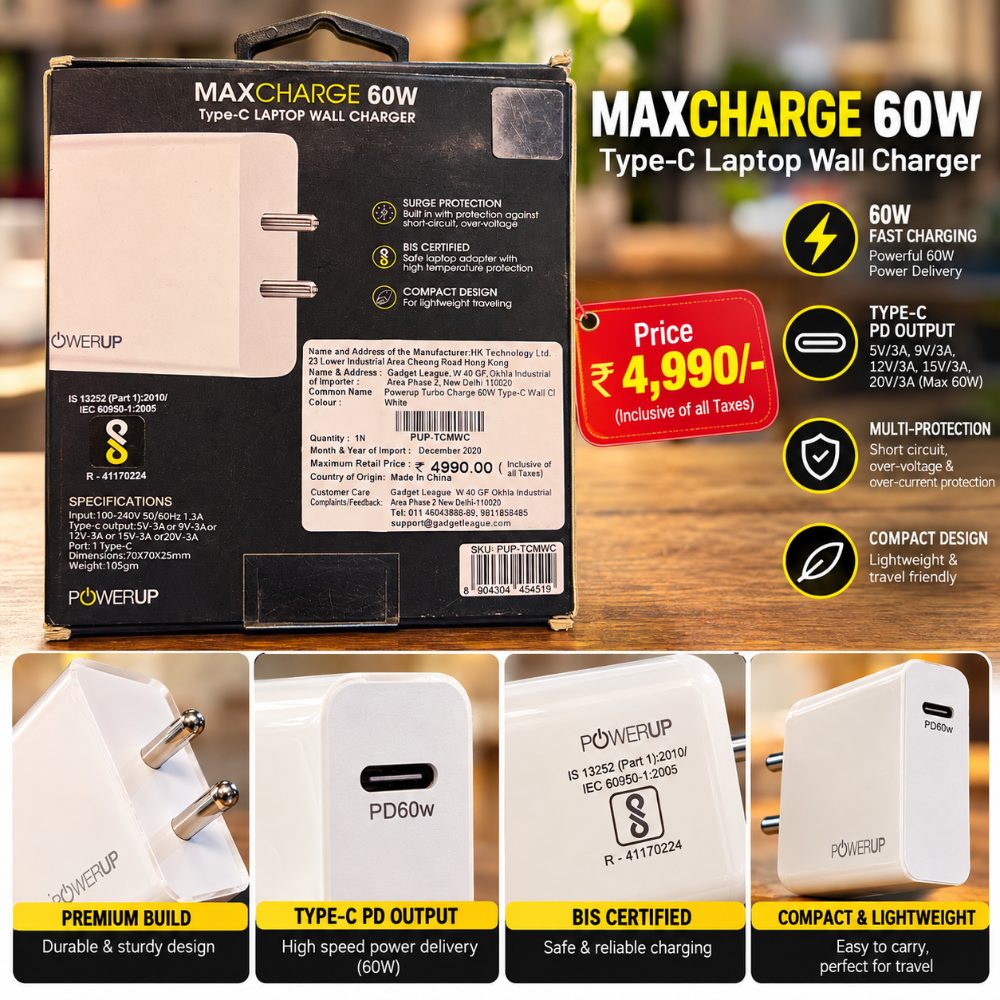 POWERUP 60W Type-C PD Fast Laptop Wall Charger | USB-C Power Delivery Adapter for Laptop, Tablet & Smartphone | White — photo 4