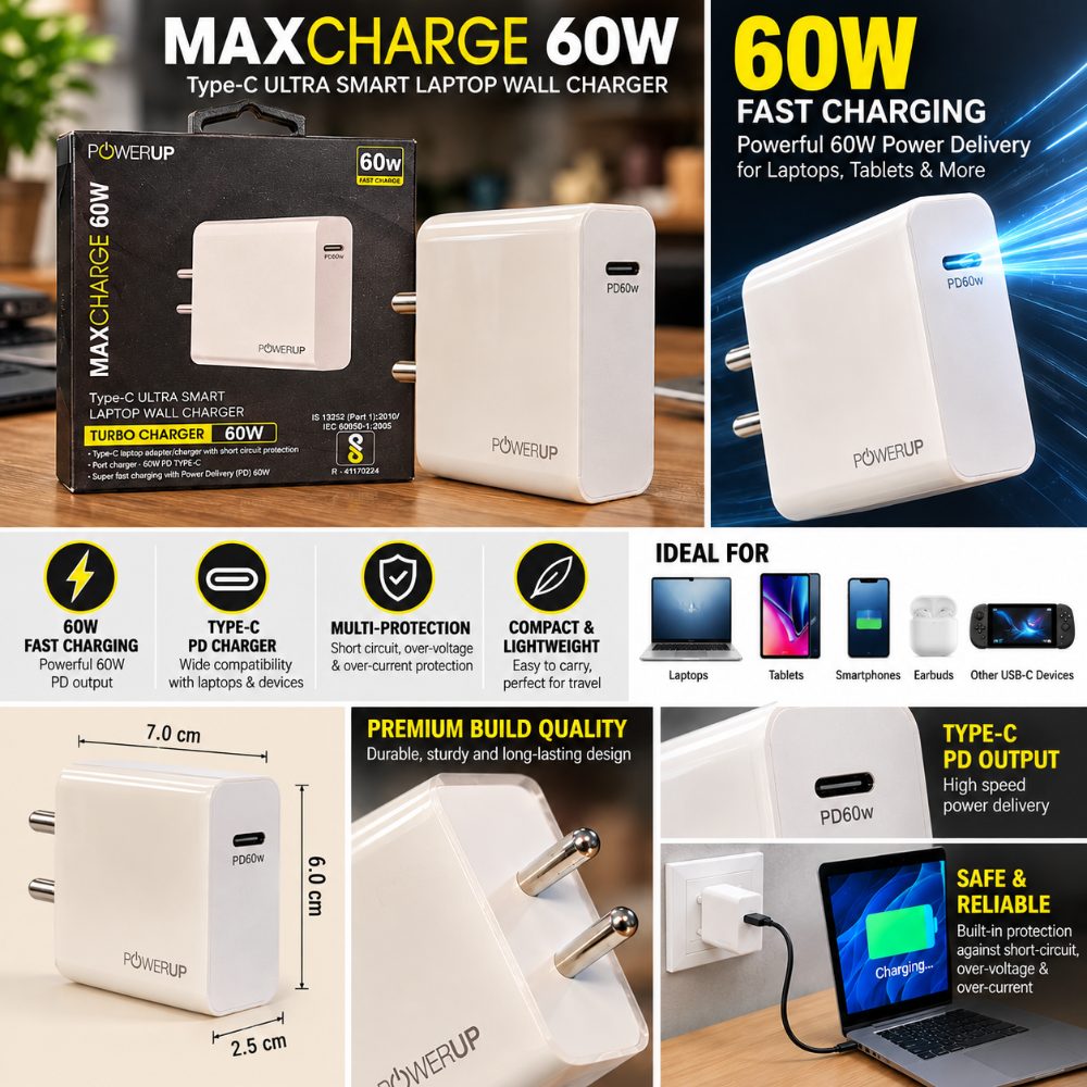 POWERUP 60W Type-C PD Fast Laptop Wall Charger | USB-C Power Delivery Adapter for Laptop, Tablet & Smartphone | White — photo 2