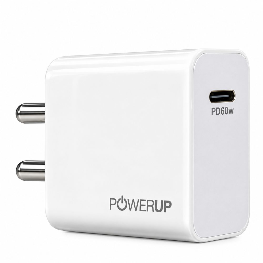 POWERUP 60W Type-C PD Fast Laptop Wall Charger | USB-C Power Delivery Adapter for Laptop, Tablet & Smartphone | White