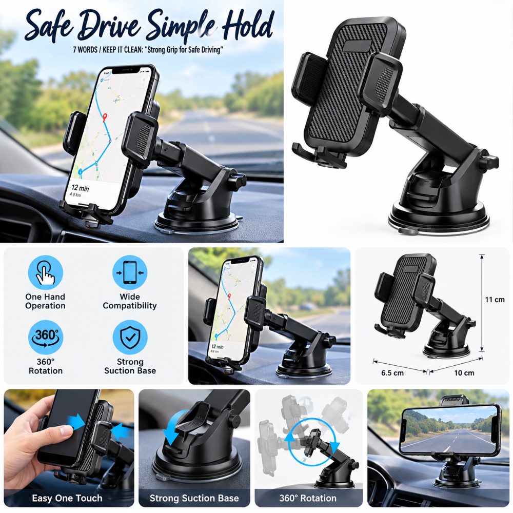 Universal Car Mobile Phone Holder with 360° Rotation, One Touch Lock, Adjustable Arm and Strong Suction Base — photo 2