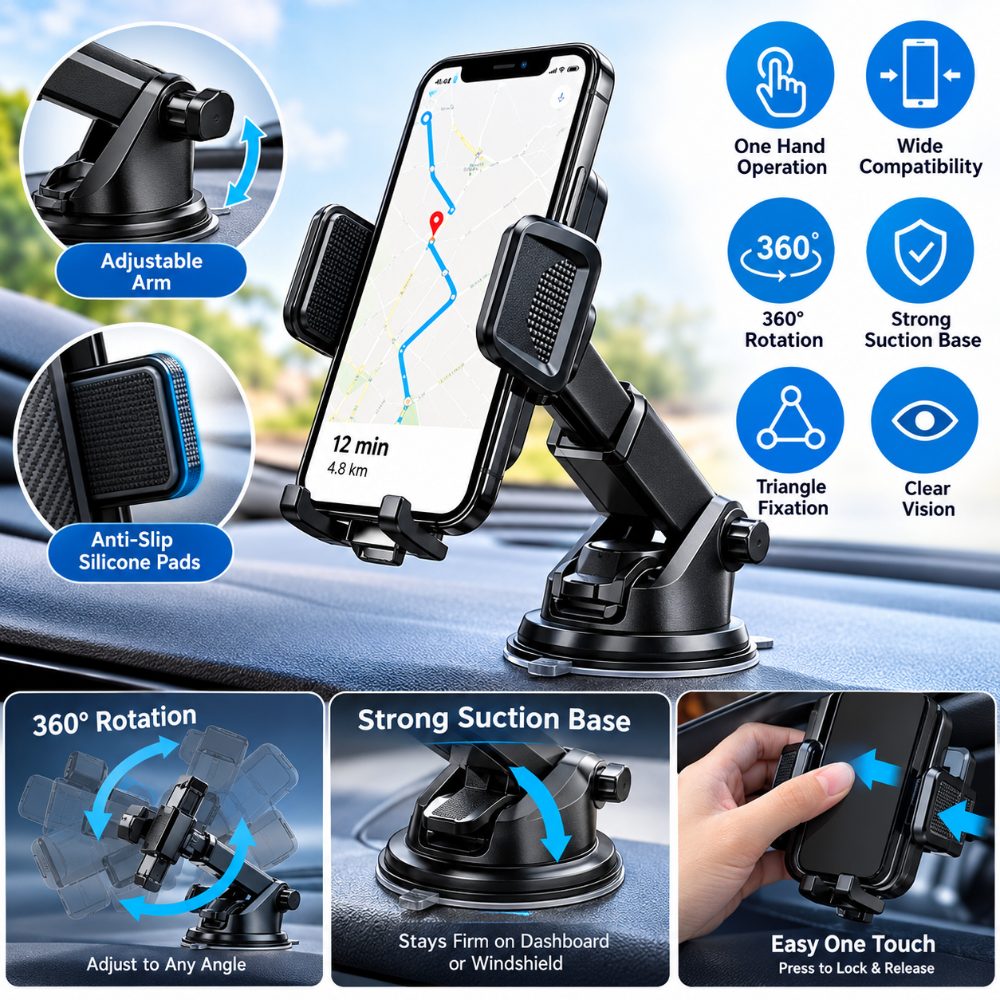 Universal Car Mobile Phone Holder with 360° Rotation, One Touch Lock, Adjustable Arm and Strong Suction Base — photo 3