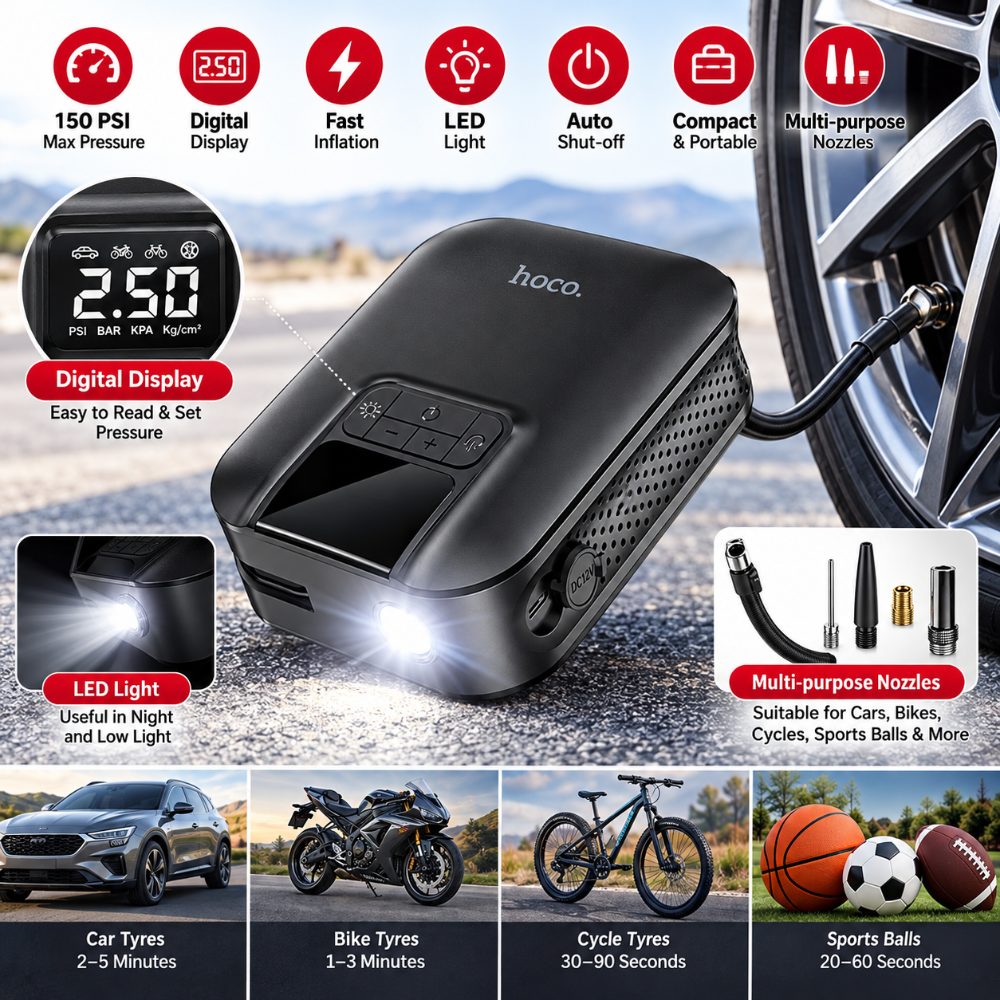 S53 Mini Portable Digital Electric Car Air Pump with Emergency Torch Light (Black) — photo 2