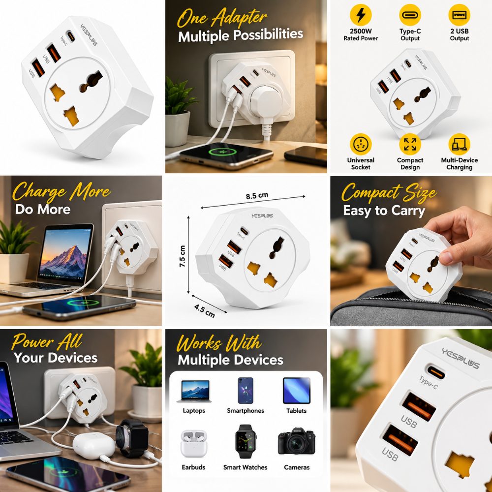 YCSPLUS 2500W Universal Power Adapter with 2 USB Ports and Type C Output for Home and Office — photo 4