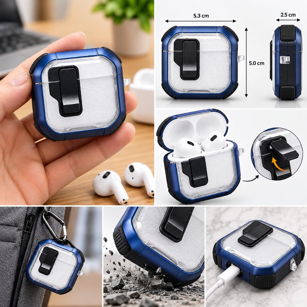 AirPods 4 Protective Case Cover with Shockproof Design, Transparent Textured Finish, Front Lock Clip and Portable Side Hook — photo 2