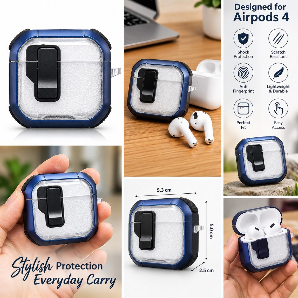 AirPods 4 Protective Case Cover with Shockproof Design, Transparent Textured Finish, Front Lock Clip and Portable Side Hook — photo 4