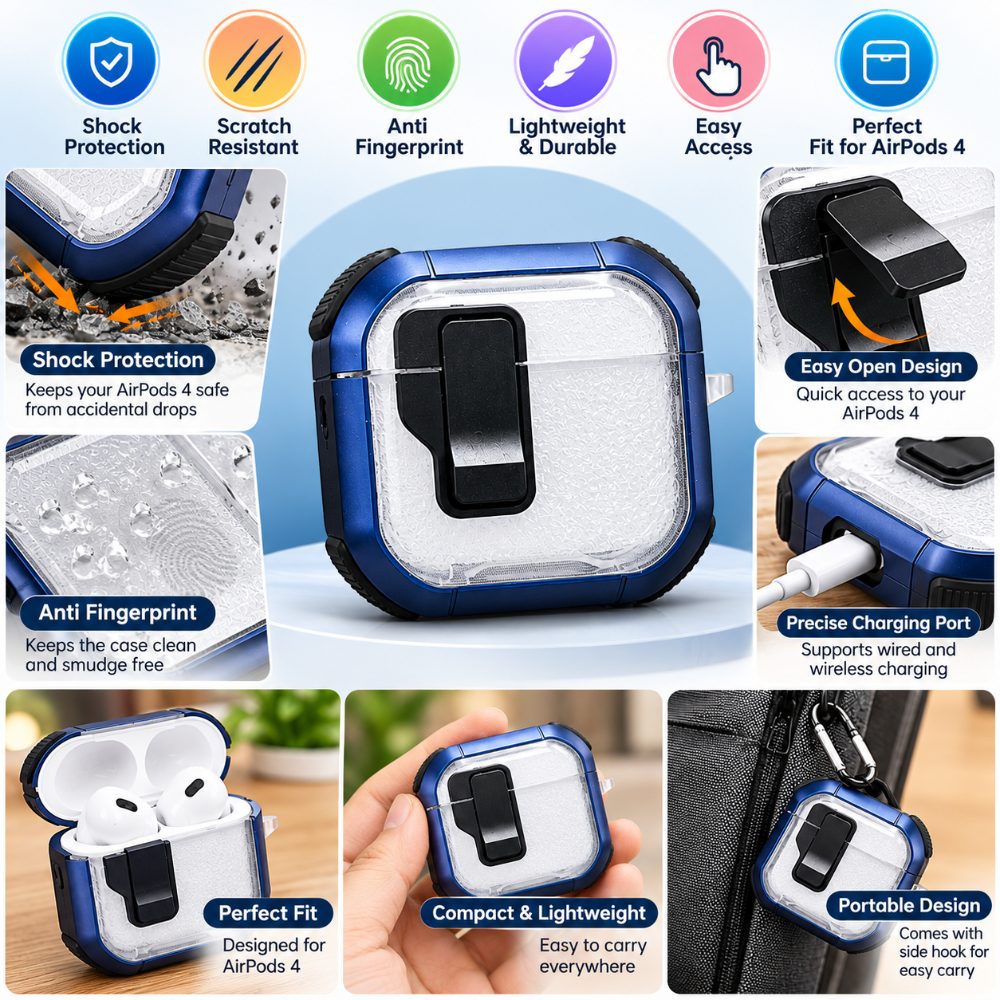 AirPods 4 Protective Case Cover with Shockproof Design, Transparent Textured Finish, Front Lock Clip and Portable Side Hook — photo 3