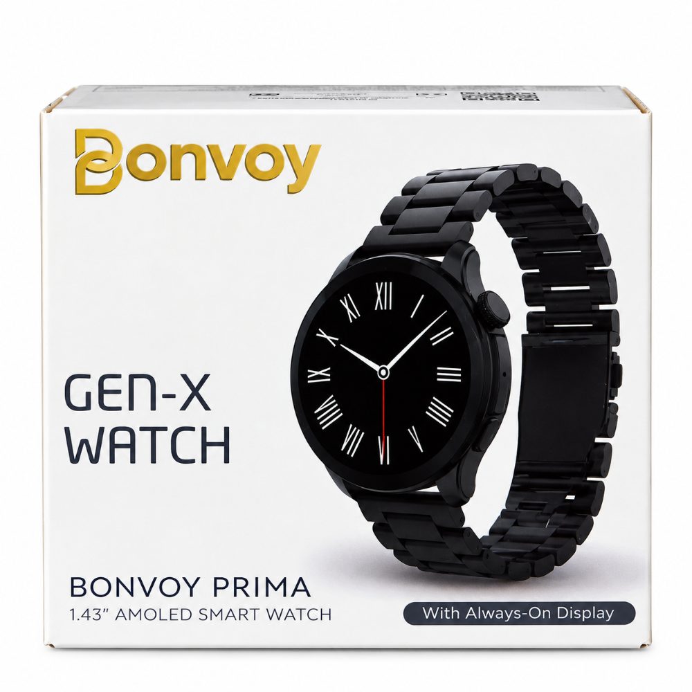 Bonvoy Gen-X Prima Smart Watch 1.43 Inch AMOLED Display with Always On Display, Black Metal Strap and Stylish Round Dial