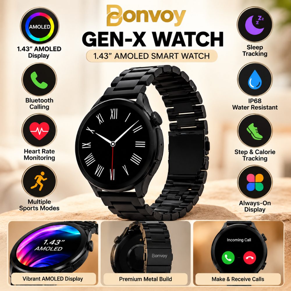 Bonvoy Gen-X Prima Smart Watch 1.43 Inch AMOLED Display with Always On Display, Black Metal Strap and Stylish Round Dial — photo 2