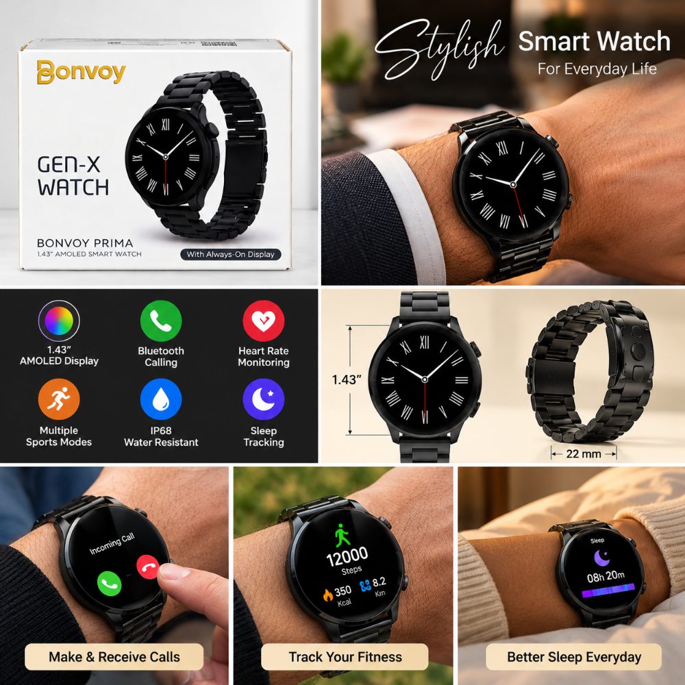 Bonvoy Gen-X Prima Smart Watch 1.43 Inch AMOLED Display with Always On Display, Black Metal Strap and Stylish Round Dial — photo 3