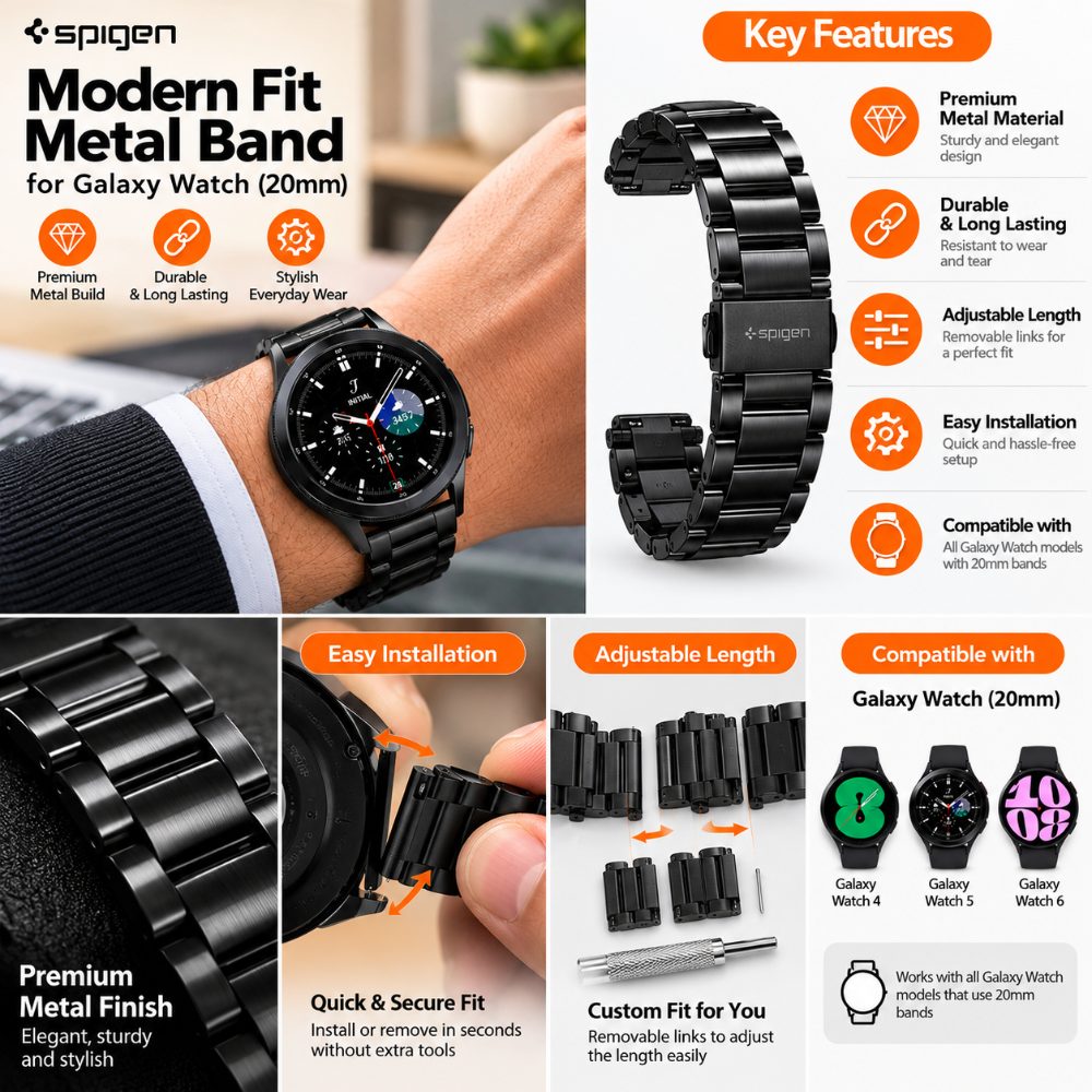 Spigen Modern Fit Black Metal Watch Strap for Samsung Galaxy Watch 20mm, Adjustable Stainless Steel Style Bracelet Band — photo 2