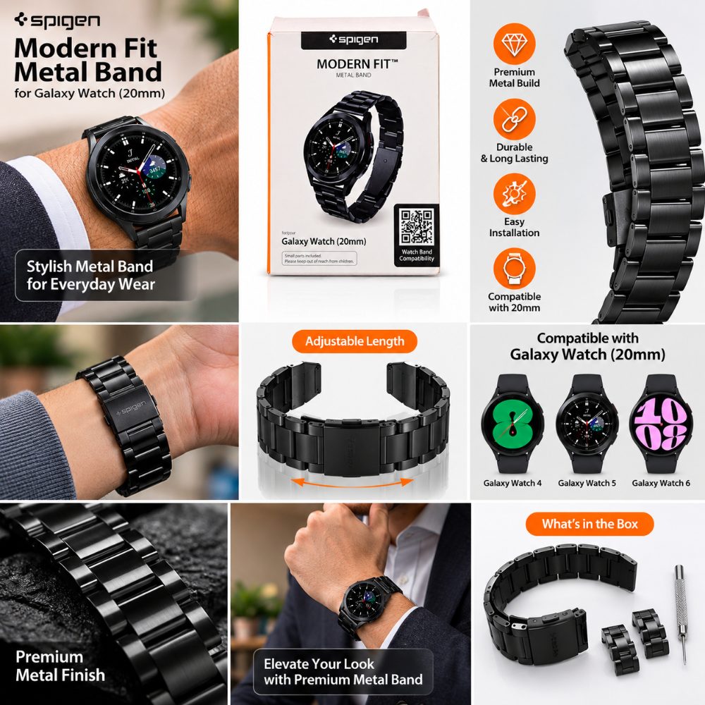 Spigen Modern Fit Black Metal Watch Strap for Samsung Galaxy Watch 20mm, Adjustable Stainless Steel Style Bracelet Band — photo 4