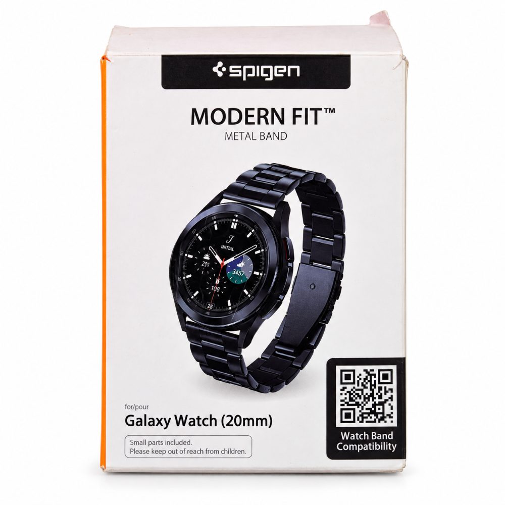 Spigen Modern Fit Black Metal Watch Strap for Samsung Galaxy Watch 20mm, Adjustable Stainless Steel Style Bracelet Band — photo 1