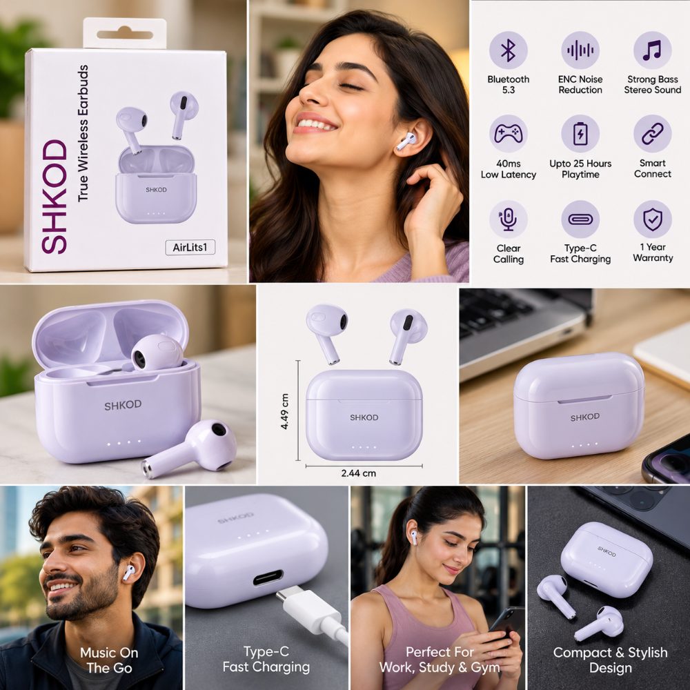 SHKOD AirLits1 True Wireless Earbuds with Bluetooth 5.3, ENC Noise Reduction, Deep Bass, Type-C Charging and 25 Hours Playtime — photo 3