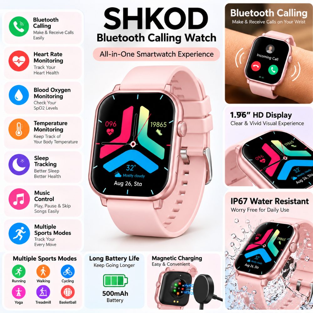 SHKOD Watch Pro Bluetooth Calling Smart Watch with 1.96 Inch HD Display, Heart Rate Monitor, Blood Oxygen Tracking, Sleep Tracking, Sports Modes and Pink Strap — photo 2