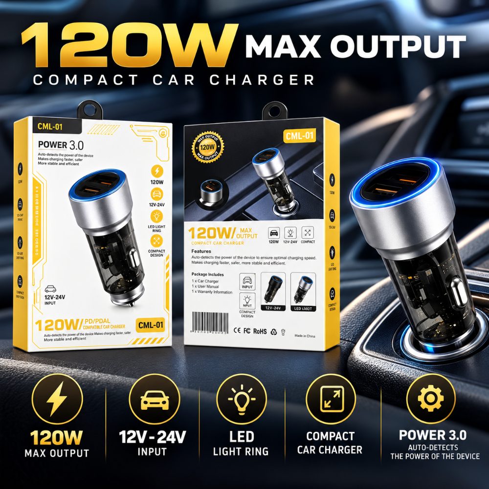 120V Dual Output Fast Car Charger with Type-C PD & USB, LED Indicator, Charging Adapter Compatible with Cars for iPhone & Android Smartphone, Smartwatch, Earbud, Power Bank (Black) — photo 2