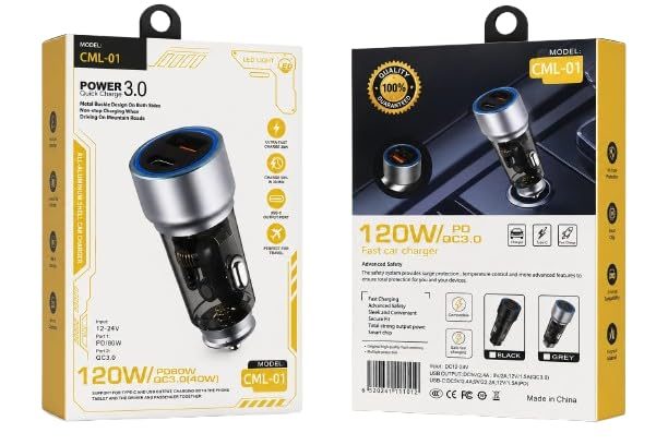 120V Dual Output Fast Car Charger with Type-C PD & USB, LED Indicator, Charging Adapter Compatible with Cars for iPhone & Android Smartphone, Smartwatch, Earbud, Power Bank (Black) — photo 1
